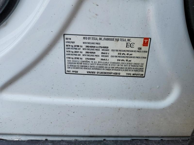 2019 Tesla Model X მანქანა იყიდება აუქციონზე, vin: 5YJXCDE22KF143513, აუქციონის ნომერი: 56466666