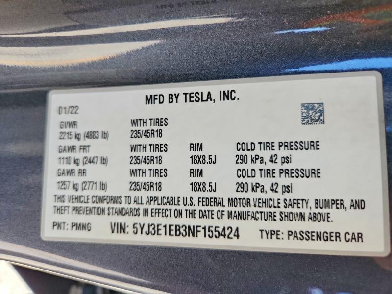 Продаж на аукціоні авто 2022 Tesla Model 3, vin: 5YJ3E1EB3NF155424, номер лоту: 59312196