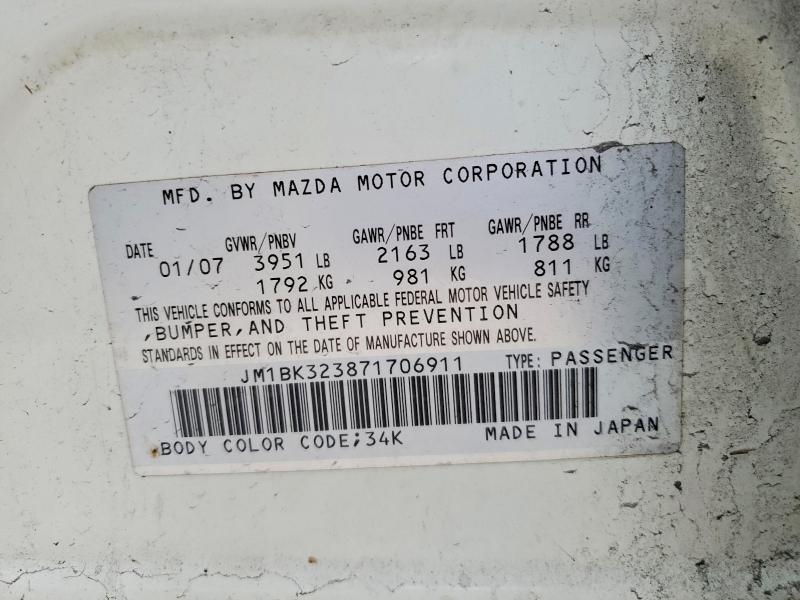 Aukcja sprzedaży 2007 Mazda 3, vin: JM1BK323871706911, numer aukcji: 55914546