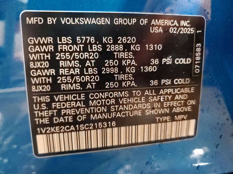 56972026 :رقم المزاد ، 1V2KE2CA1SC215316 vin ، 2025 Volkswagen Atlas Cross Sport مزاد بيع
