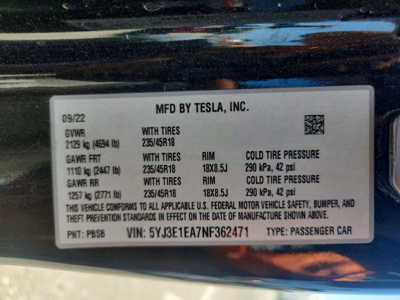 Продаж на аукціоні авто 2022 Tesla Model 3, vin: 5YJ3E1EA7NF362471, номер лоту: 56460656