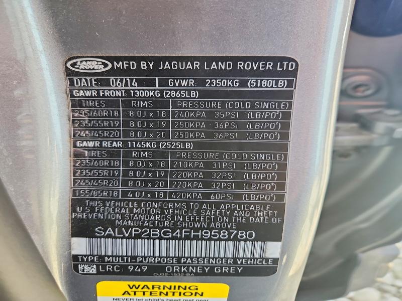 Aukcja sprzedaży 2015 Land Rover Range Rover Evoque, vin: SALVP2BG4FH958780, numer aukcji: 85626945