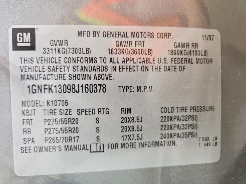 56038386 :رقم المزاد ، 1GNFK13098J160378 vin ، 2008 Chevrolet Tahoe مزاد بيع