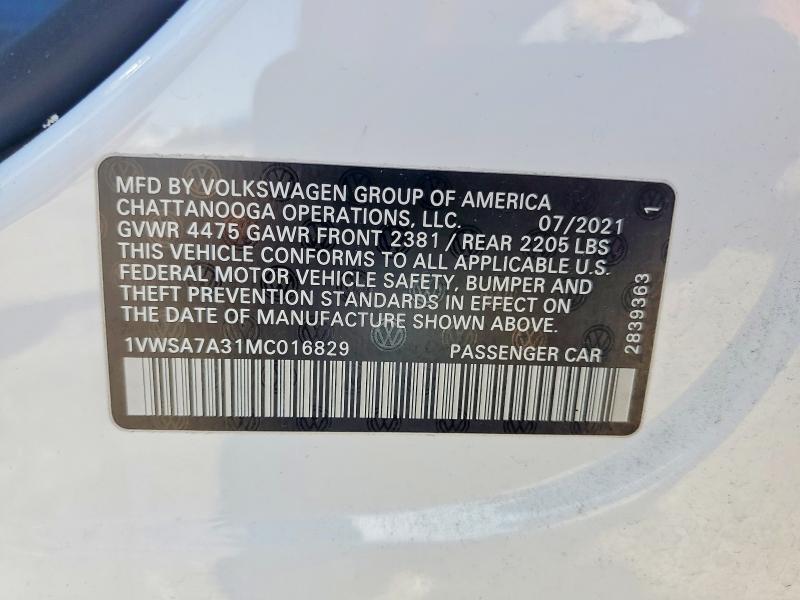 Продажа на аукционе авто 2021 Volkswagen Passat, vin: 1VWSA7A31MC016829, номер лота: 56336876