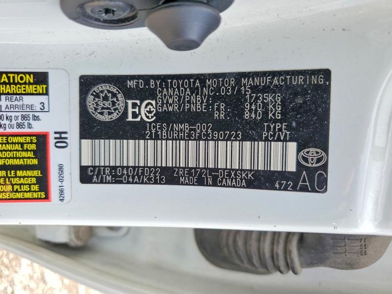 2015 Toyota Corolla მანქანა იყიდება აუქციონზე, vin: 2T1BURHE3FC390723, აუქციონის ნომერი: 56448246