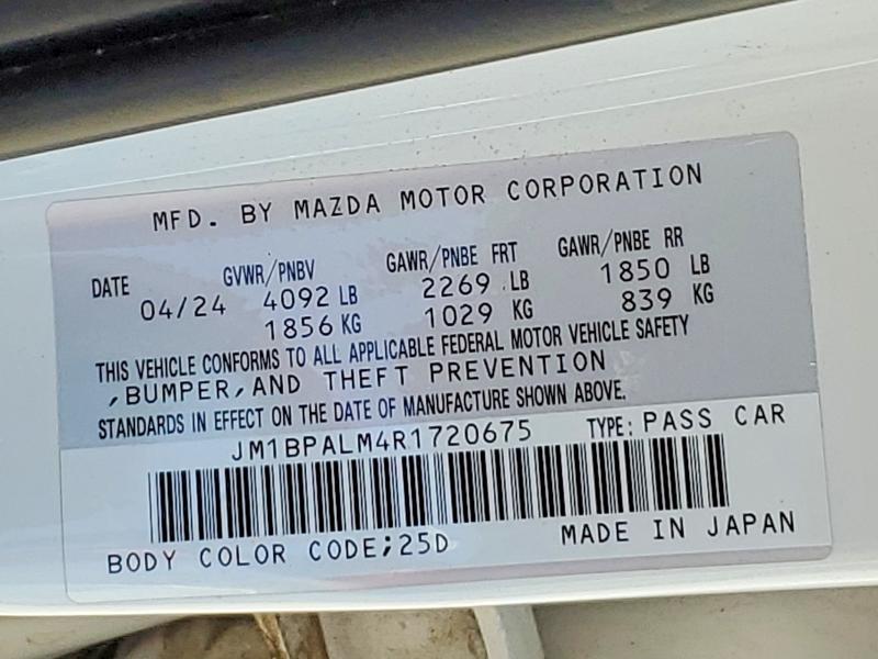 Aukcja sprzedaży 2024 Mazda 3, vin: JM1BPALM4R1720675, numer aukcji: 56019206