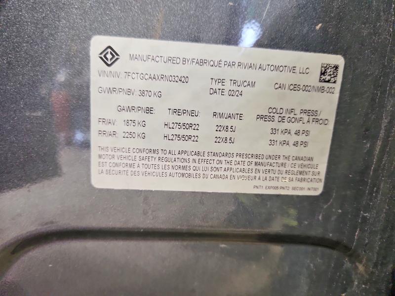 2024 Rivian R1t მანქანა იყიდება აუქციონზე, vin: 7FCTGCAAXRN032420, აუქციონის ნომერი: 58052896