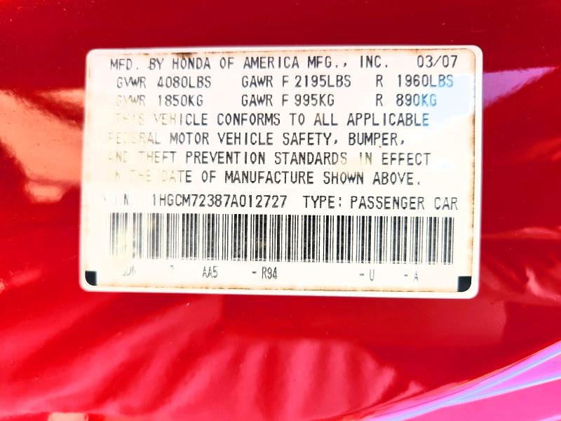 Aukcja sprzedaży 2007 Honda Accord, vin: 1HGCM72387A012727, numer aukcji: 55917776