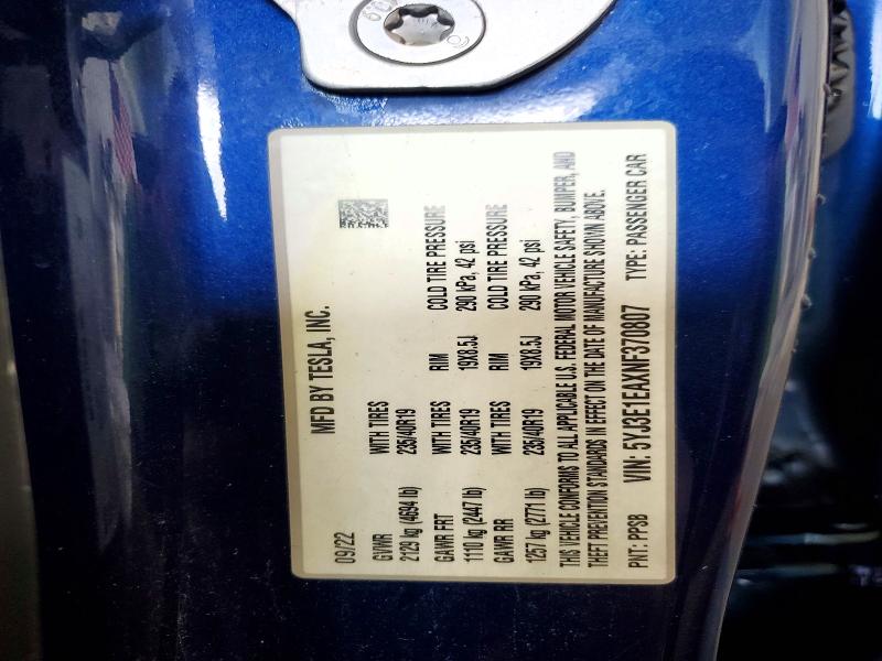 2022 Tesla Model 3 მანქანა იყიდება აუქციონზე, vin: 5YJ3E1EAXNF370807, აუქციონის ნომერი: 56760156