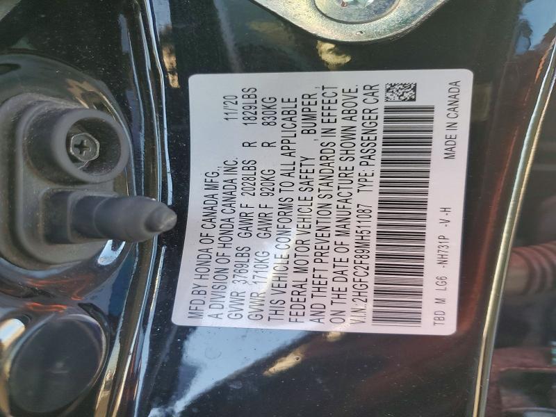 56985686 :رقم المزاد ، 2HGFC2F89MH511087 vin ، 2021 Honda Civic مزاد بيع