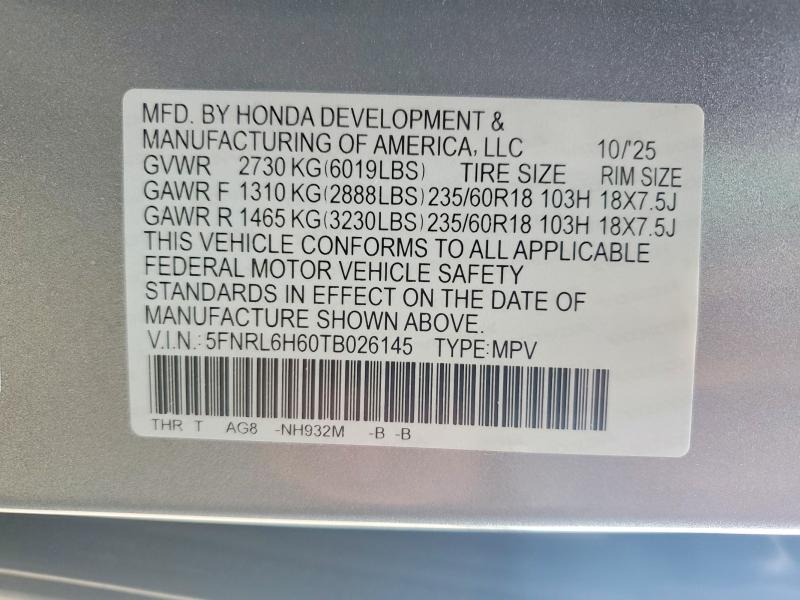 2026 Honda Odyssey მანქანა იყიდება აუქციონზე, vin: 5FNRL6H60TB026145, აუქციონის ნომერი: 56270966