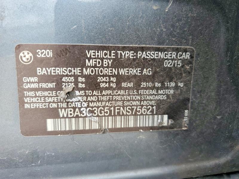 2015 Bmw 320 მანქანა იყიდება აუქციონზე, vin: WBA3C3G51FNS75621, აუქციონის ნომერი: 58829856