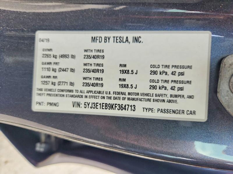 56834906 :رقم المزاد ، 5YJ3E1EB9KF364713 vin ، 2019 Tesla Model 3 مزاد بيع