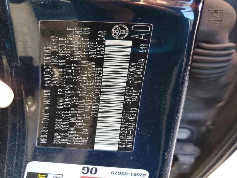 2017 Toyota Corolla მანქანა იყიდება აუქციონზე, vin: 2T1BURHEXHC898268, აუქციონის ნომერი: 56247446
