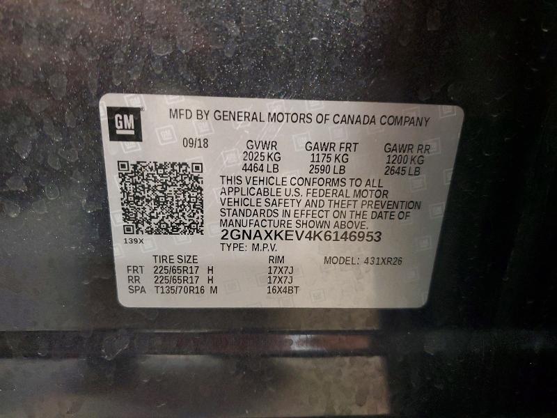 57587436 :رقم المزاد ، 2GNAXKEV4K6146953 vin ، 2019 Chevrolet Equinox مزاد بيع