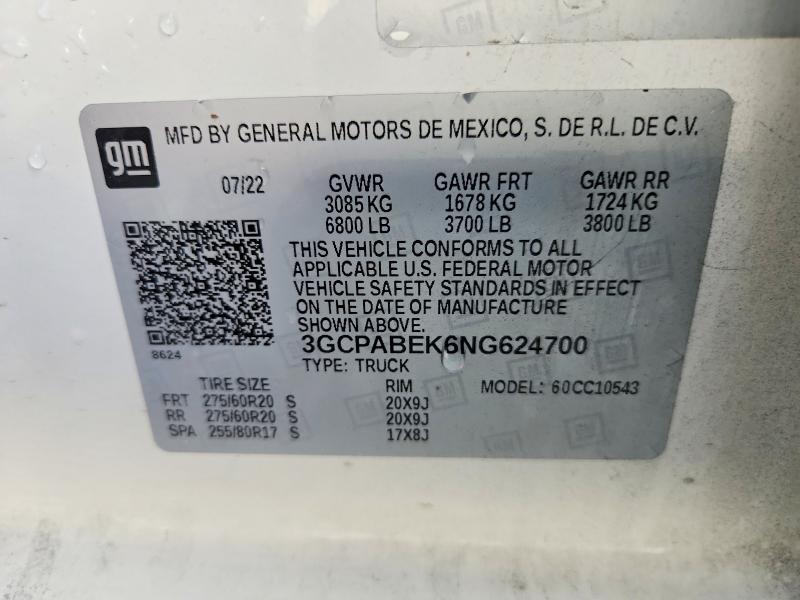 2022 Chevrolet Silverado მანქანა იყიდება აუქციონზე, vin: 3GCPABEK6NG624700, აუქციონის ნომერი: 57824936