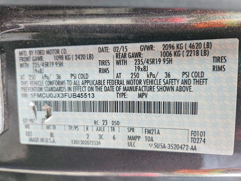 2015 Ford Escape მანქანა იყიდება აუქციონზე, vin: 1FMCU0JX3FUB45513, აუქციონის ნომერი: 55789636