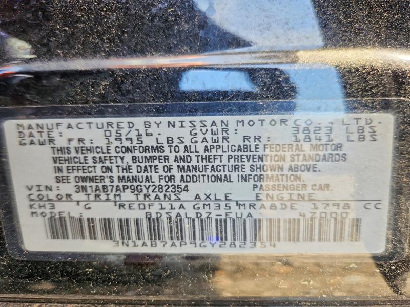 2016 Nissan Sentra მანქანა იყიდება აუქციონზე, vin: 3N1AB7AP9GY282354, აუქციონის ნომერი: 56676596