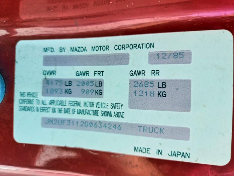 1986 Mazda B2000 მანქანა იყიდება აუქციონზე, vin: JM2UF3112G0634246, აუქციონის ნომერი: 57960186