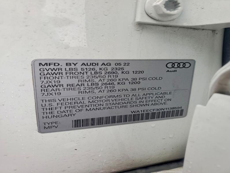 56306786 :رقم المزاد ، WA1EECF30N1138594 vin ، 2022 Audi Q3 مزاد بيع