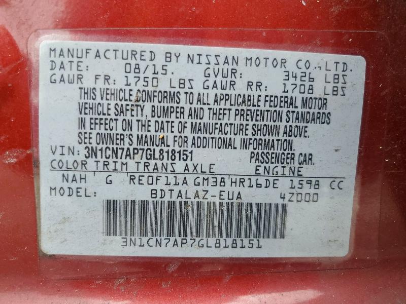 Aukcja sprzedaży 2016 Nissan Versa, vin: 3N1CN7AP7GL818151, numer aukcji: 57375046