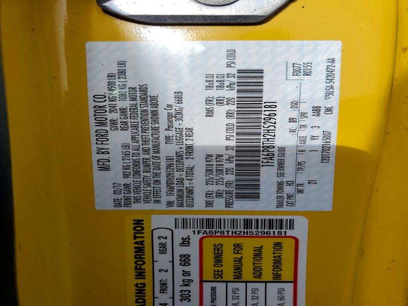Aukcja sprzedaży 2017 Ford Mustang, vin: 1FA6P8TH2H5296181, numer aukcji: 58322506