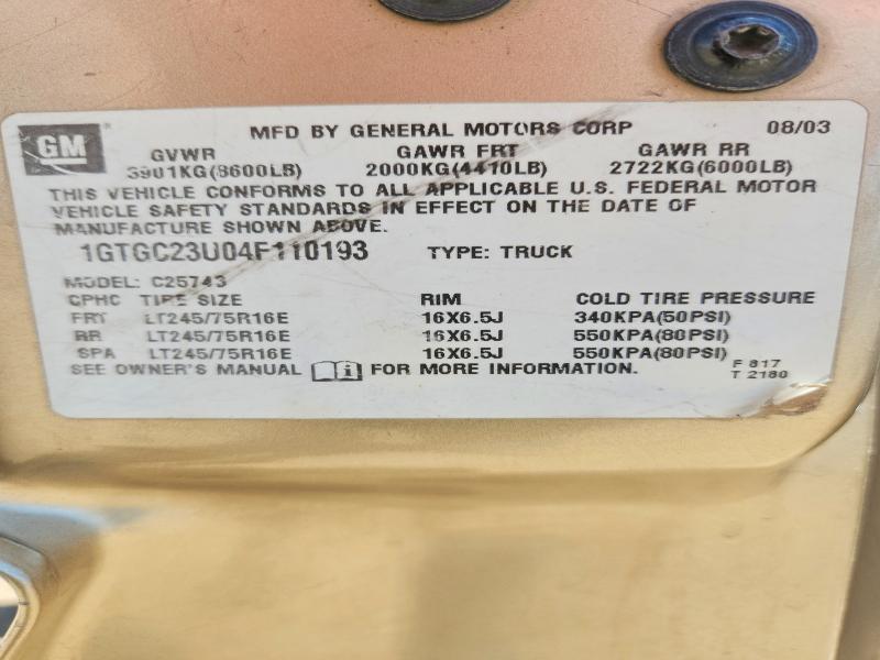 57188846 :رقم المزاد ، 1GTGC23U04F110193 vin ، 2004 Gmc Sierra مزاد بيع