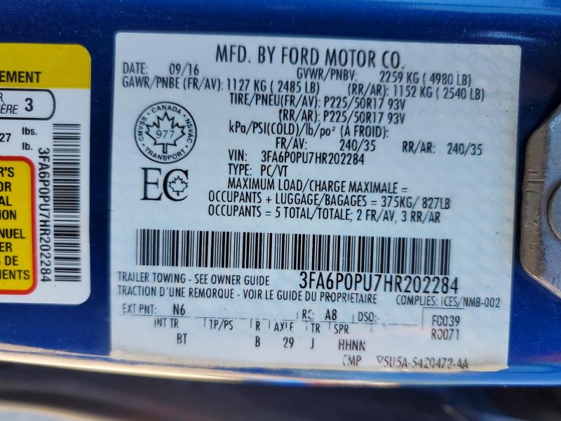 Aukcja sprzedaży 2017 Ford Fusion, vin: 3FA6P0PU7HR202284, numer aukcji: 58428216