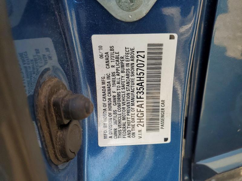 2010 Honda Civic მანქანა იყიდება აუქციონზე, vin: 2HGFA1F35AH570721, აუქციონის ნომერი: 55992816