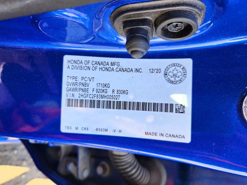 Продаж на аукціоні авто 2021 Honda Civic, vin: 2HGFC2F83MH005027, номер лоту: 57736736