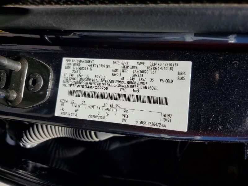 Aukcja sprzedaży 2021 Ford F150, vin: 1FTFW1ED4MFC02756, numer aukcji: 57739876