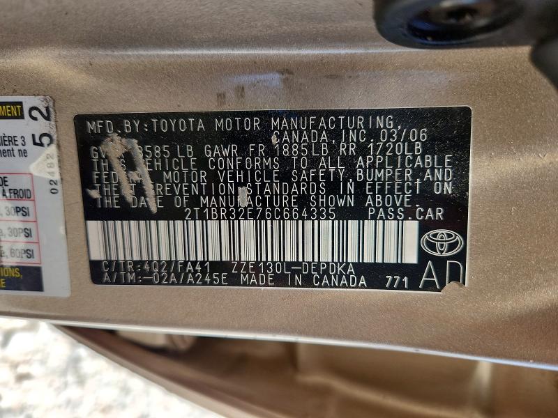 Продаж на аукціоні авто 2006 Toyota Corolla, vin: 2T1BR32E76C664335, номер лоту: 57923396