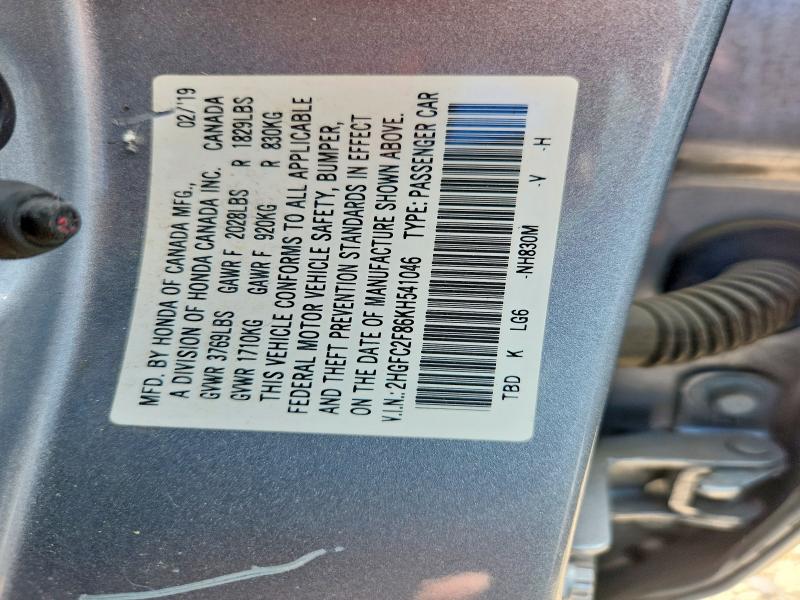 2019 Honda Civic მანქანა იყიდება აუქციონზე, vin: 2HGFC2F86KH541046, აუქციონის ნომერი: 54897296