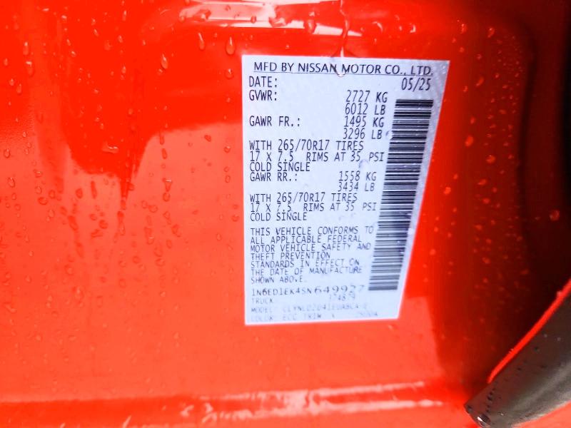2025 Nissan Frontier მანქანა იყიდება აუქციონზე, vin: 1N6ED1EK4SN649927, აუქციონის ნომერი: 57333046