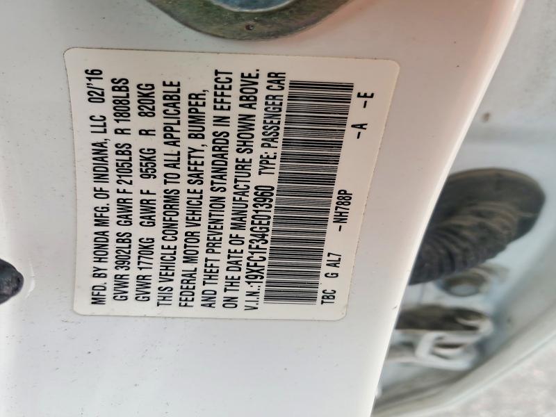2016 Honda Civic მანქანა იყიდება აუქციონზე, vin: 19XFC1F34GE013960, აუქციონის ნომერი: 55863876