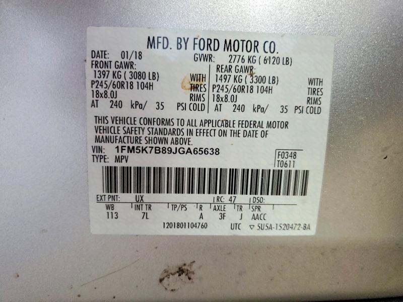Aukcja sprzedaży 2018 Ford Explorer, vin: 1FM5K7B89JGA65638, numer aukcji: 59535126