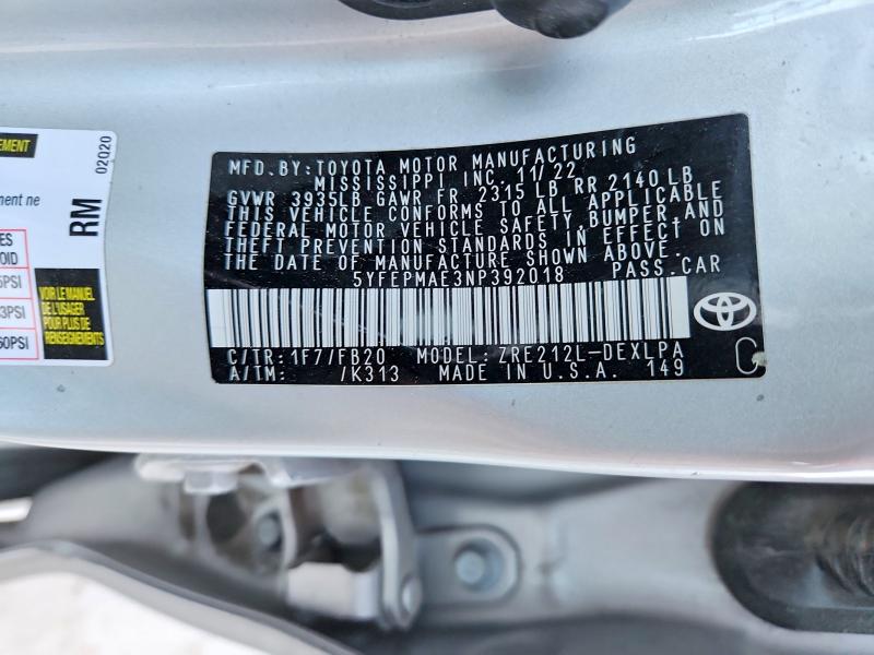 2022 Toyota Corolla მანქანა იყიდება აუქციონზე, vin: 5YFEPMAE3NP392018, აუქციონის ნომერი: 55945656