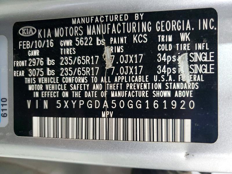 Продажа на аукционе авто 2016 Kia Sorento, vin: 5XYPGDA50GG161920, номер лота: 58057736