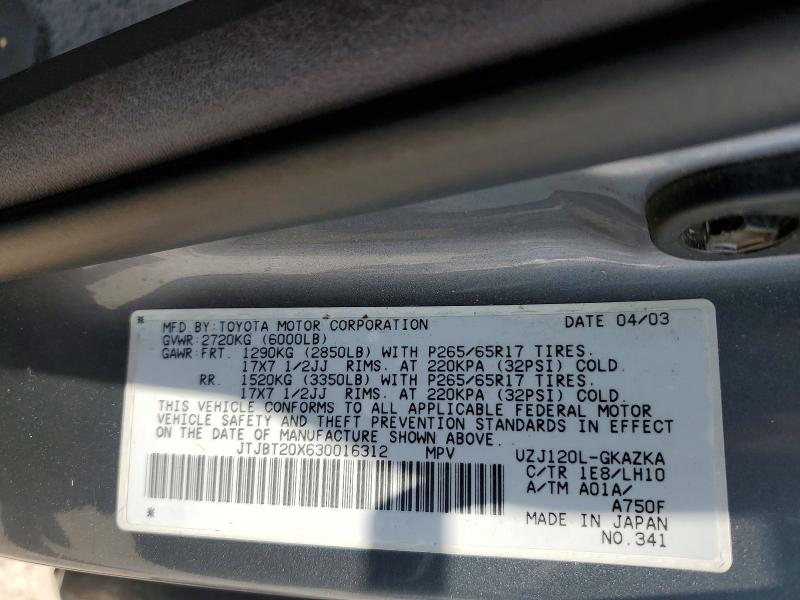 Aukcja sprzedaży 2003 Lexus Gx, vin: JTJBT20X630016312, numer aukcji: 58577646