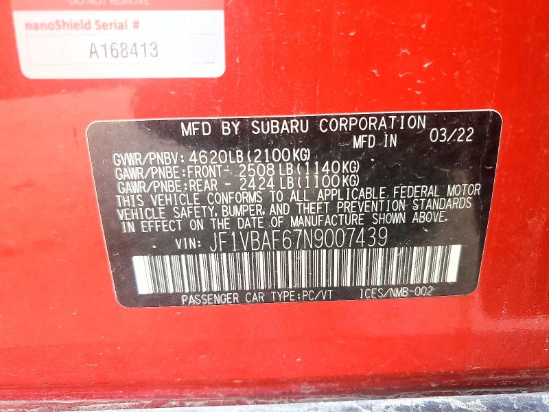 Aukcja sprzedaży 2022 Subaru Wrx, vin: JF1VBAF67N9007439, numer aukcji: 58226276