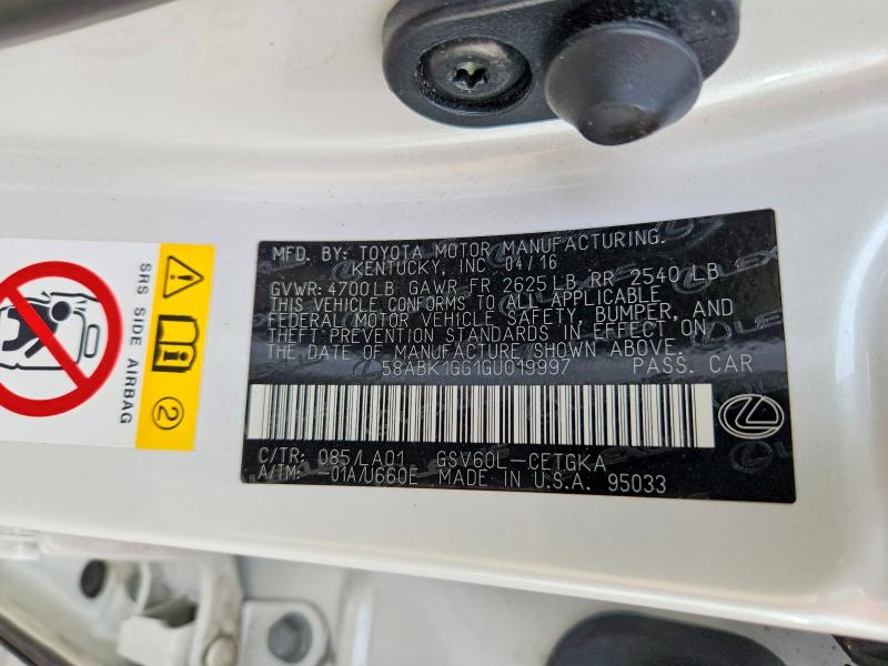 2016 Lexus Es მანქანა იყიდება აუქციონზე, vin: 58ABK1GG1GU019997, აუქციონის ნომერი: 57559036