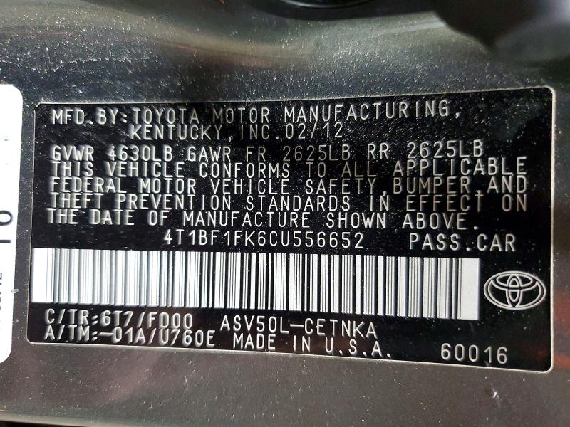 55188506 :رقم المزاد ، 4T1BF1FK6CU556652 vin ، 2012 Toyota Camry مزاد بيع