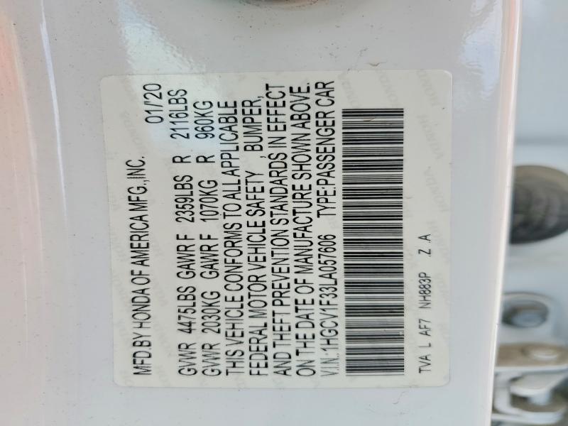Продаж на аукціоні авто 2020 Honda Accord, vin: 1HGCV1F33LA057606, номер лоту: 58509966