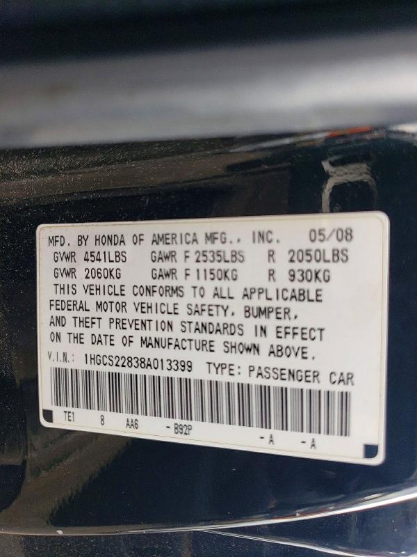 2008 Honda Accord მანქანა იყიდება აუქციონზე, vin: 1HGCS22838A013399, აუქციონის ნომერი: 57498136