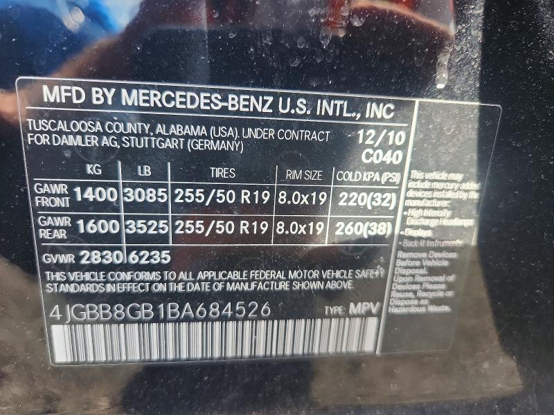 Aukcja sprzedaży 2011 Mercedes-benz Ml, vin: 4JGBB8GB1BA684526, numer aukcji: 58455266