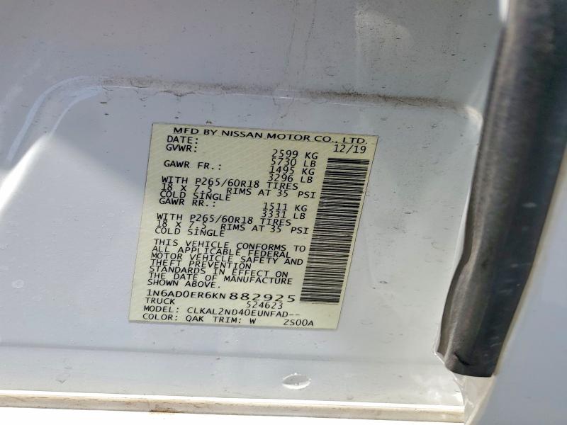 58976806 :رقم المزاد ، 1N6AD0ER6KN882925 vin ، 2019 Nissan Frontier مزاد بيع