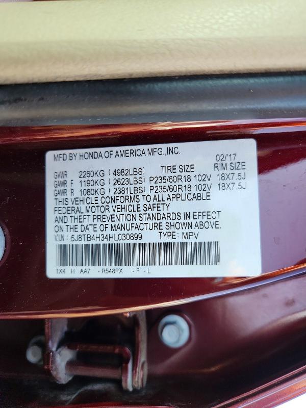 55879666 :رقم المزاد ، 5J8TB4H34HL030899 vin ، 2017 Acura Rdx مزاد بيع