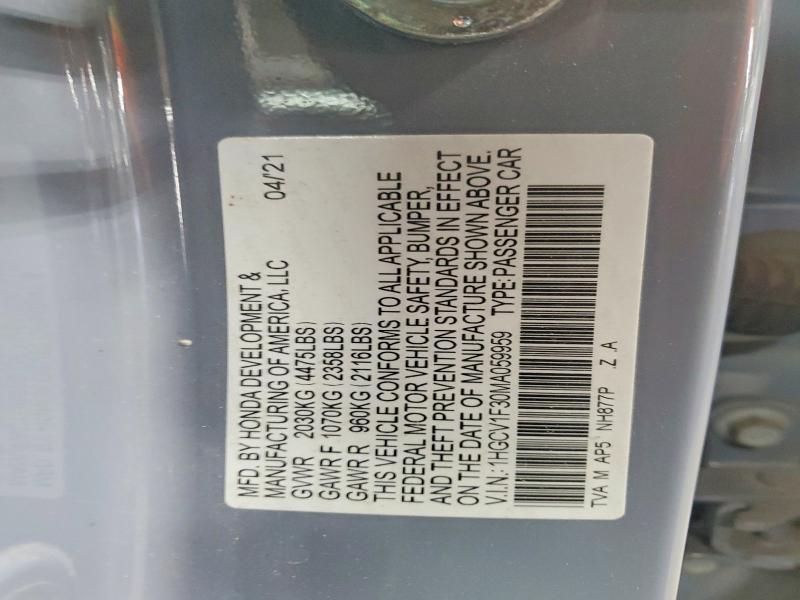 57196036 :رقم المزاد ، 1HGCV1F30MA059959 vin ، 2021 Honda Accord مزاد بيع