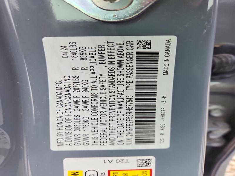 2024 Honda Civic მანქანა იყიდება აუქციონზე, vin: 2HGFE2F53RH577545, აუქციონის ნომერი: 58415436