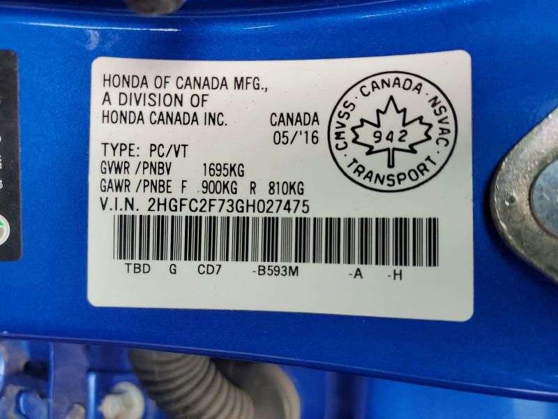 Продажа на аукционе авто 2016 Honda Civic, vin: 2HGFC2F73GH027475, номер лота: 57119526